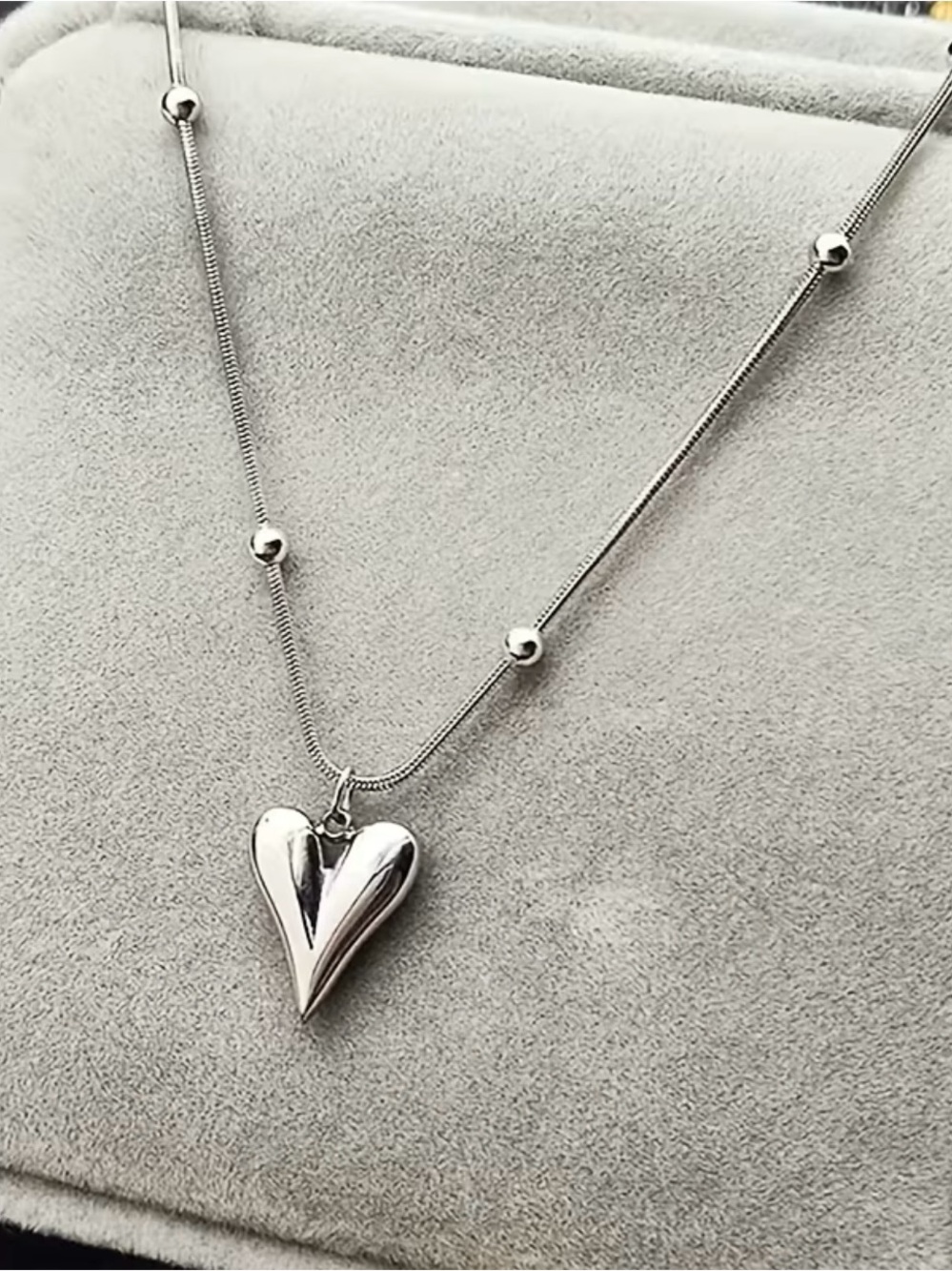 Shiny Silver Heart Pendant Necklace with Beaded Chain - Women Jewelry